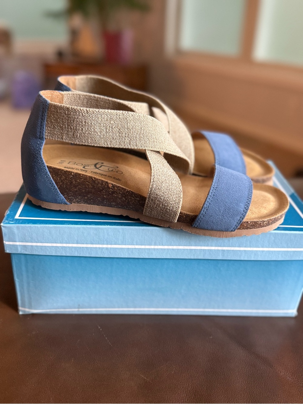 Blue and Tan Strappy Cork Wedge Sandals